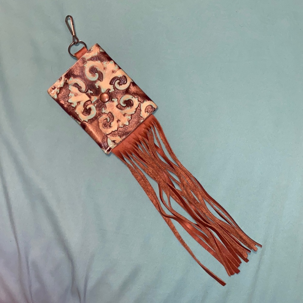 Leather card holder with fringe